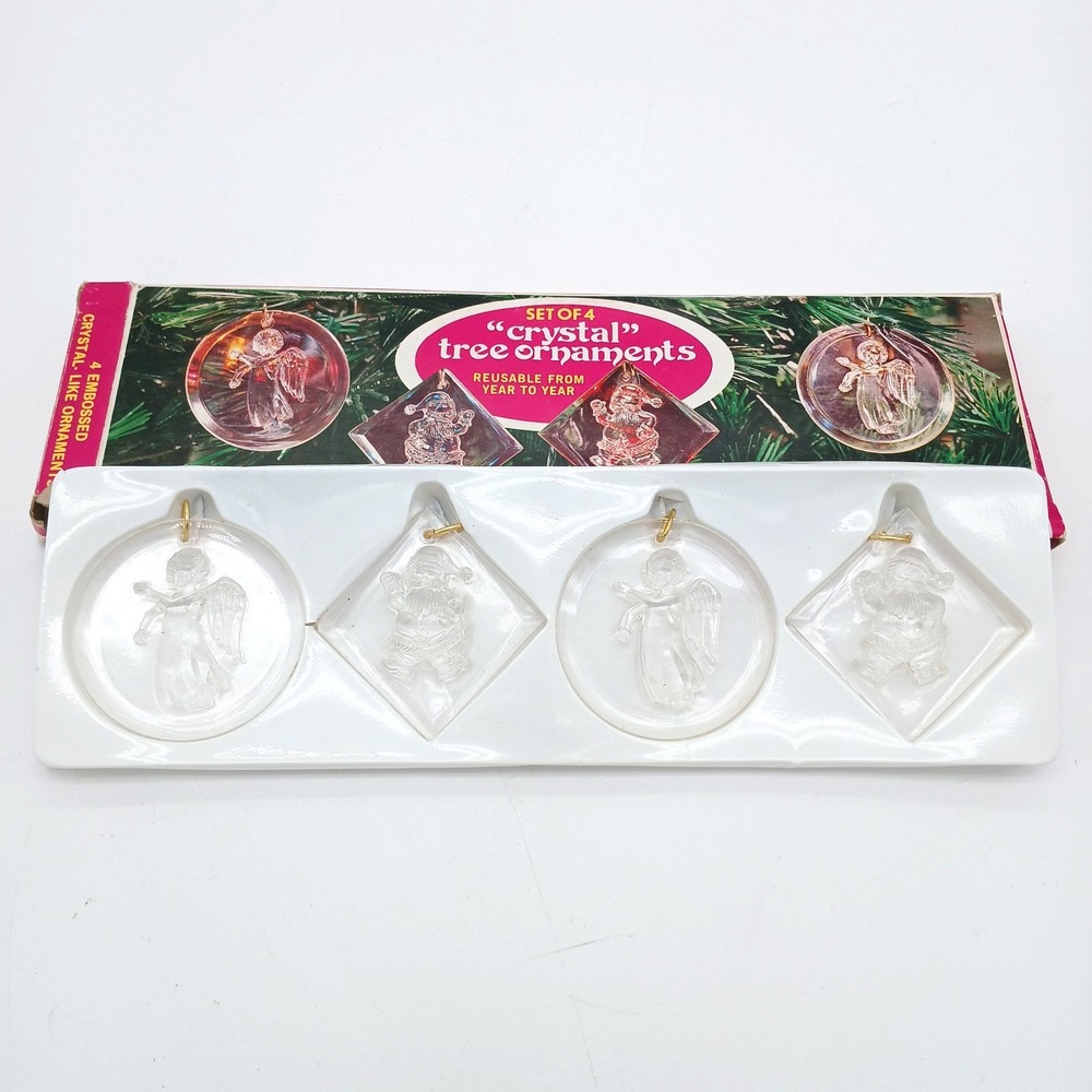 VTG 1979 Giftco Christmas Crystal Tree Ornaments Set Of 4 In Box Angel Santa